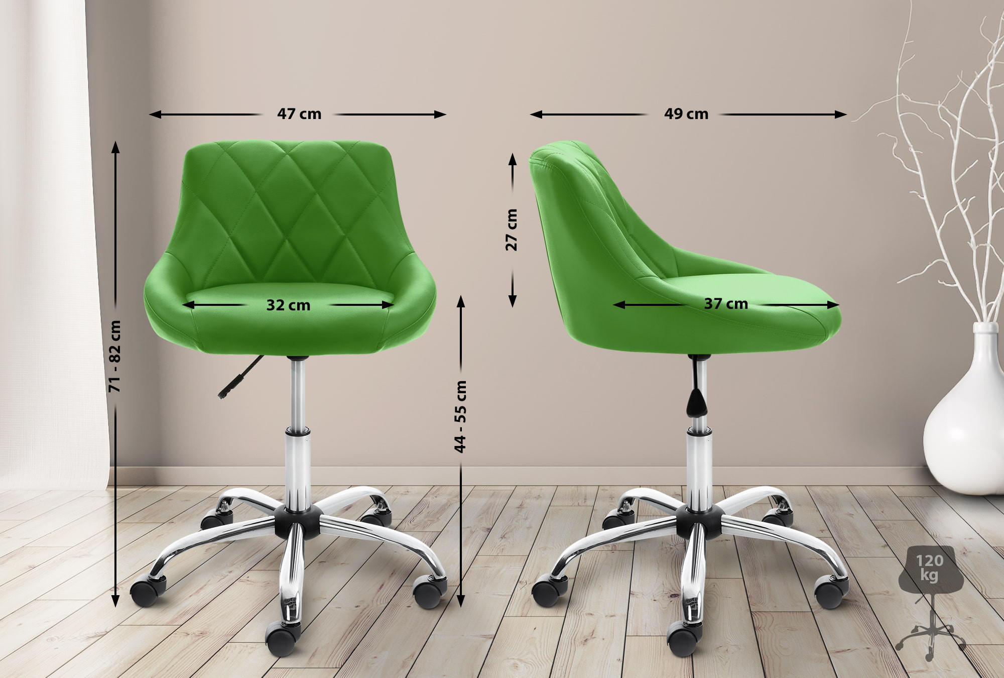 Thumbnail - TPFLiving Arbeitshocker, Grün, Metall, 47x82x49 cm, Arbeitszimmer, Bürostühle, Bürohocker