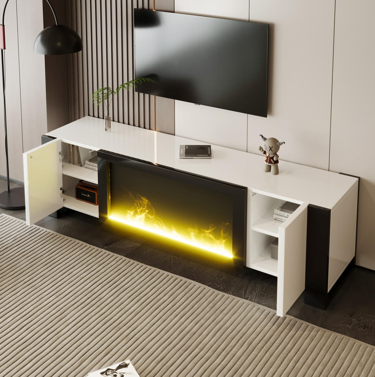 TV ormarić 165/32/55 cm bijelo-crni od iverice s električnim kaminom i visokim sjajem - crna, drvni materijal (165/55/32cm) - OKWISH