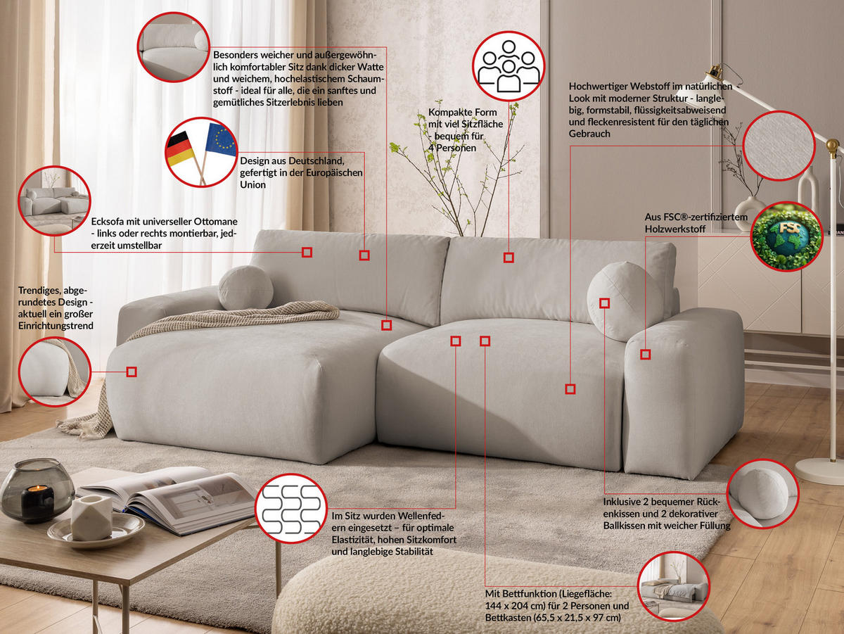 ECKSOFA Puffy mit Schlaffunktion und Bettkasten - besonders weich und puffig aus Beige Webstoff - Ottomane links - Beige/Schwarz, Holz/Kunststoff (138/266cm) - S-Style Möbel