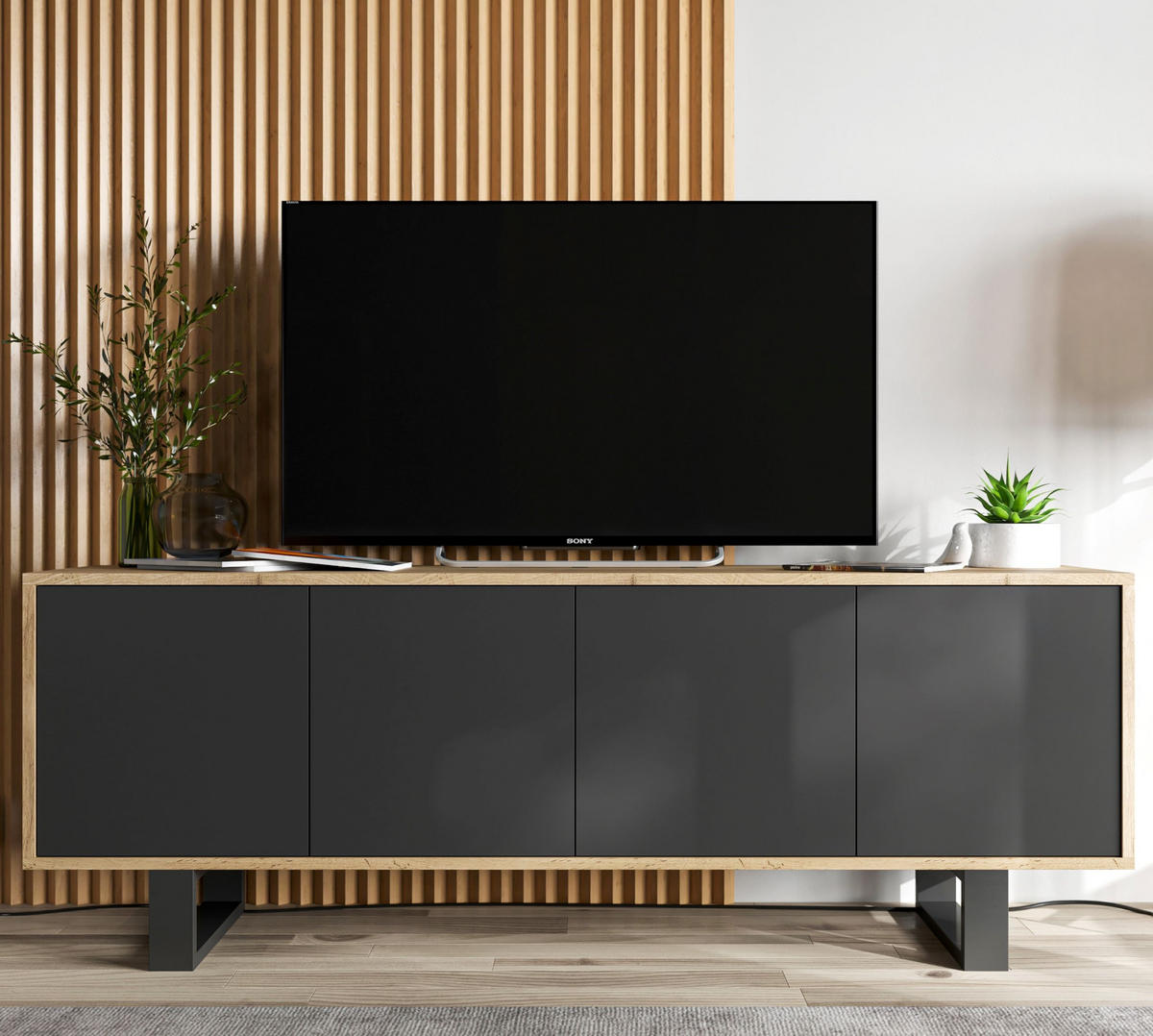 TV-SCHRANK Apollo2 Eiche wotan Schwarz Matt mit Metallbeinen 150 cm - Schwarz, Holzwerkstoff/Metall (150/53/35cm) - Meble Lindner
