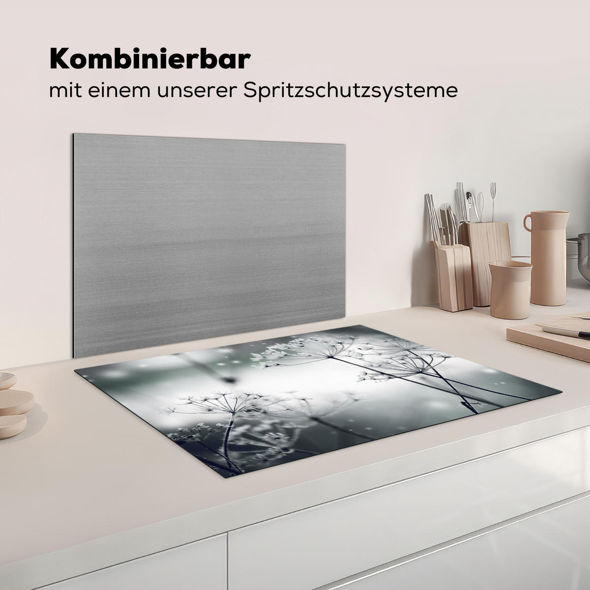 HERDABDECKPLATTE Blumen - Winter - Schnee - Natur Herdabdeckung Induktionsfeld 75x52 cm - Grau, Kunststoff (75/52/0.2cm) - MuchoWow