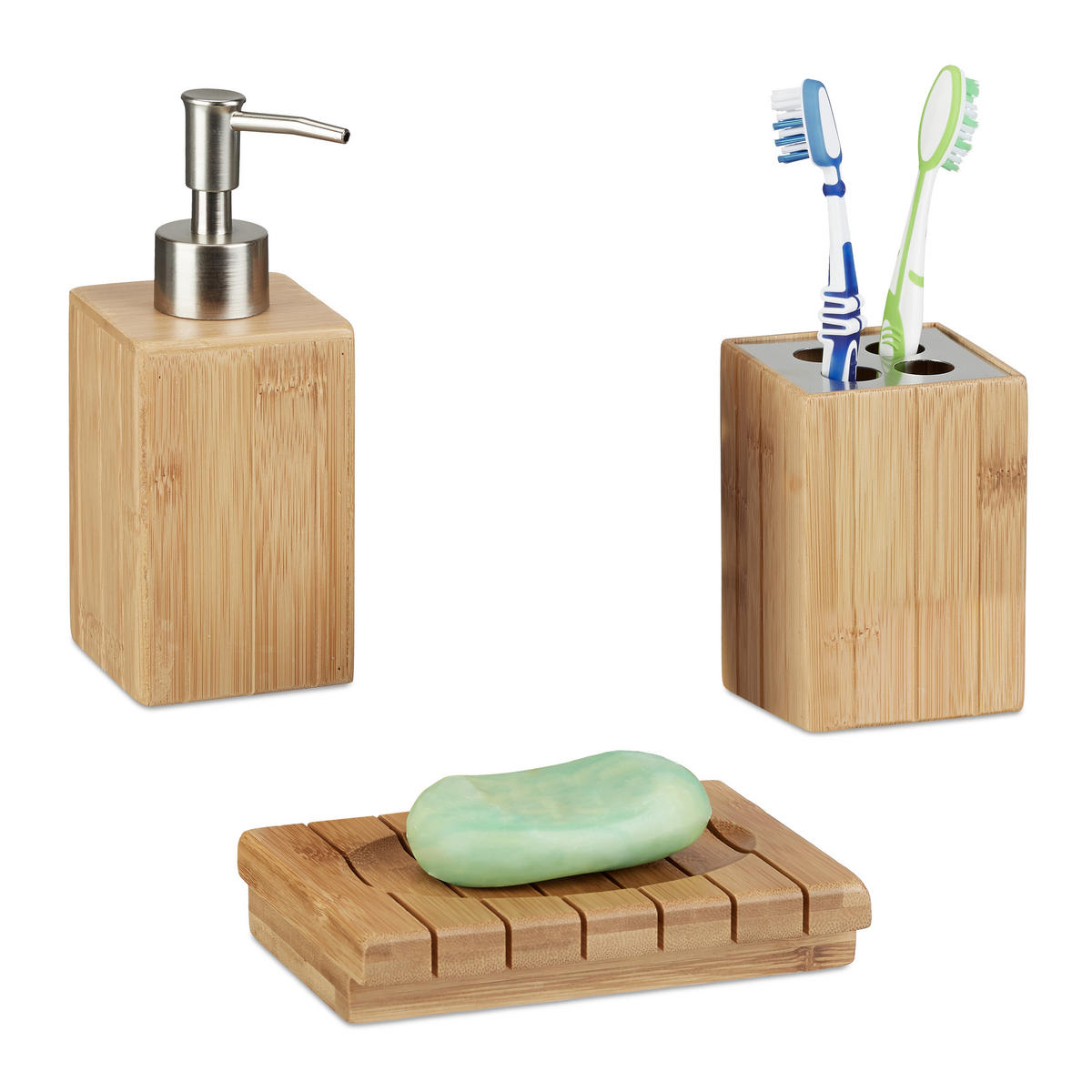 3XBADACCESSOIRES-SET - Hellbraun, Holz/Kunststoff (15/17.5/10cm) - Relaxdays