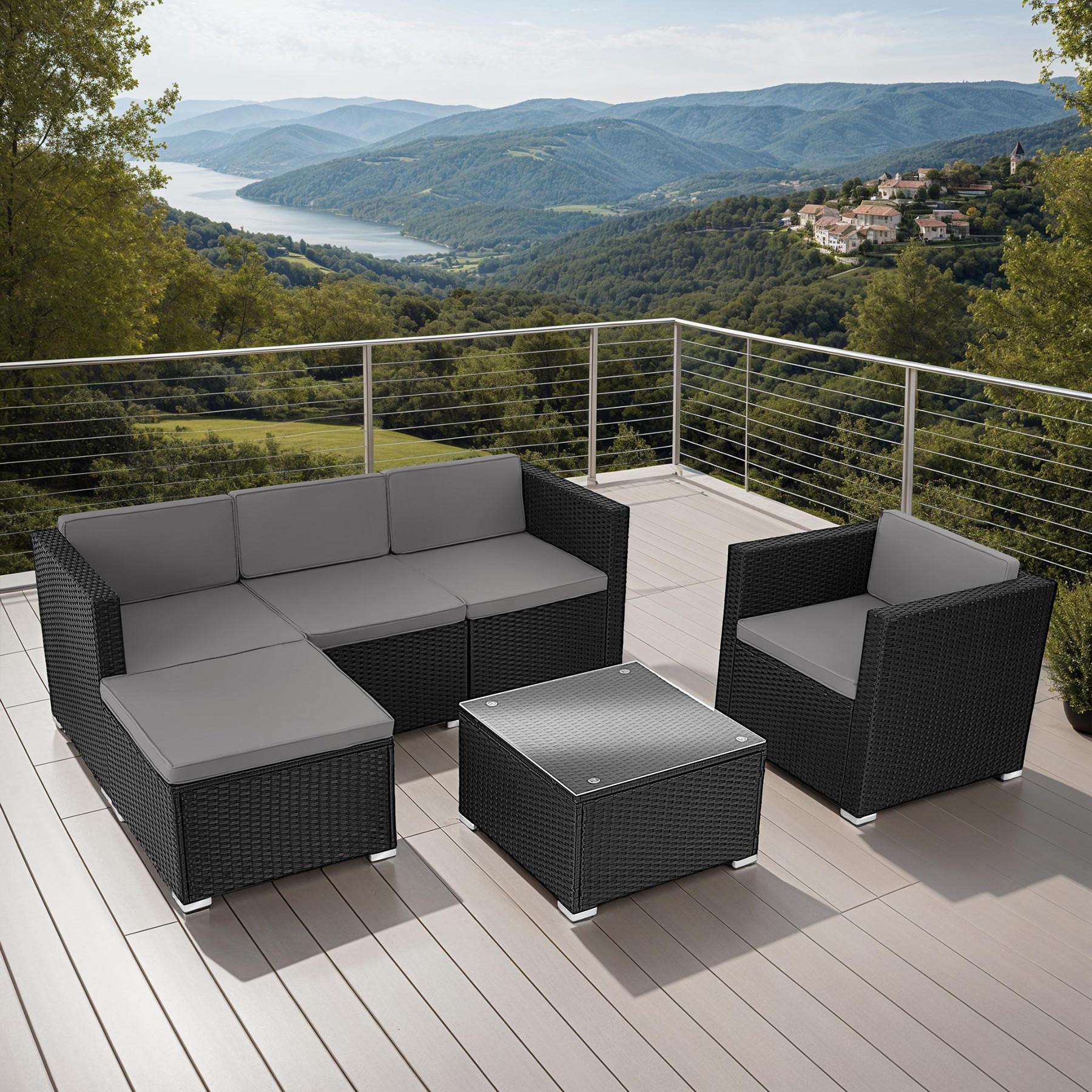 Thumbnail - tectake Rattanlounge, Schwarz, Kunststoff, Organisch, Loungemöbel, Gartenlounge-Sets