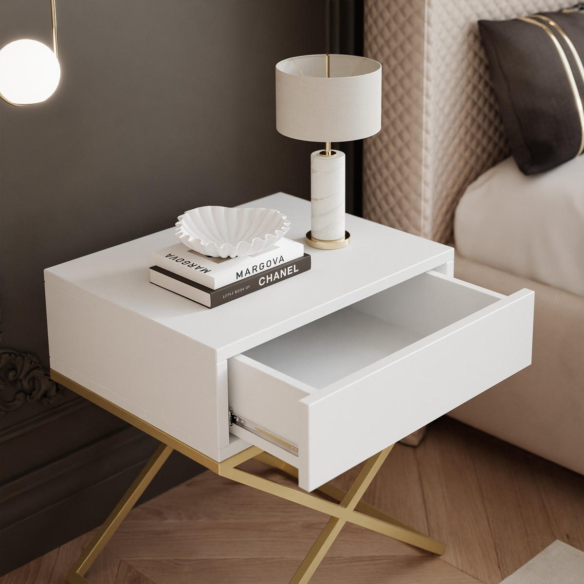 NACHTSCHRANK KSENO mit Schublade, 45/35/50 cm, Goldfarben / Weiß - Goldfarben/Weiß, Holzwerkstoff/Metall (45/50/35cm) - Idohome