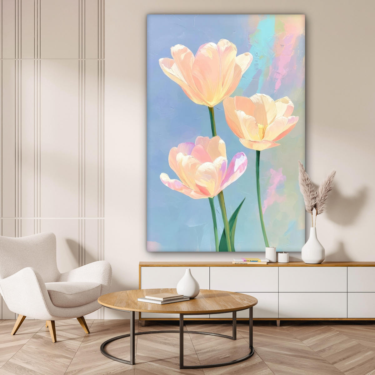 OBRAZ NA PLÁTNĚ Tulipány - růžové akcenty - modré 90x140 cm - pastelově modrá, textil (90/140cm) - MuchoWow