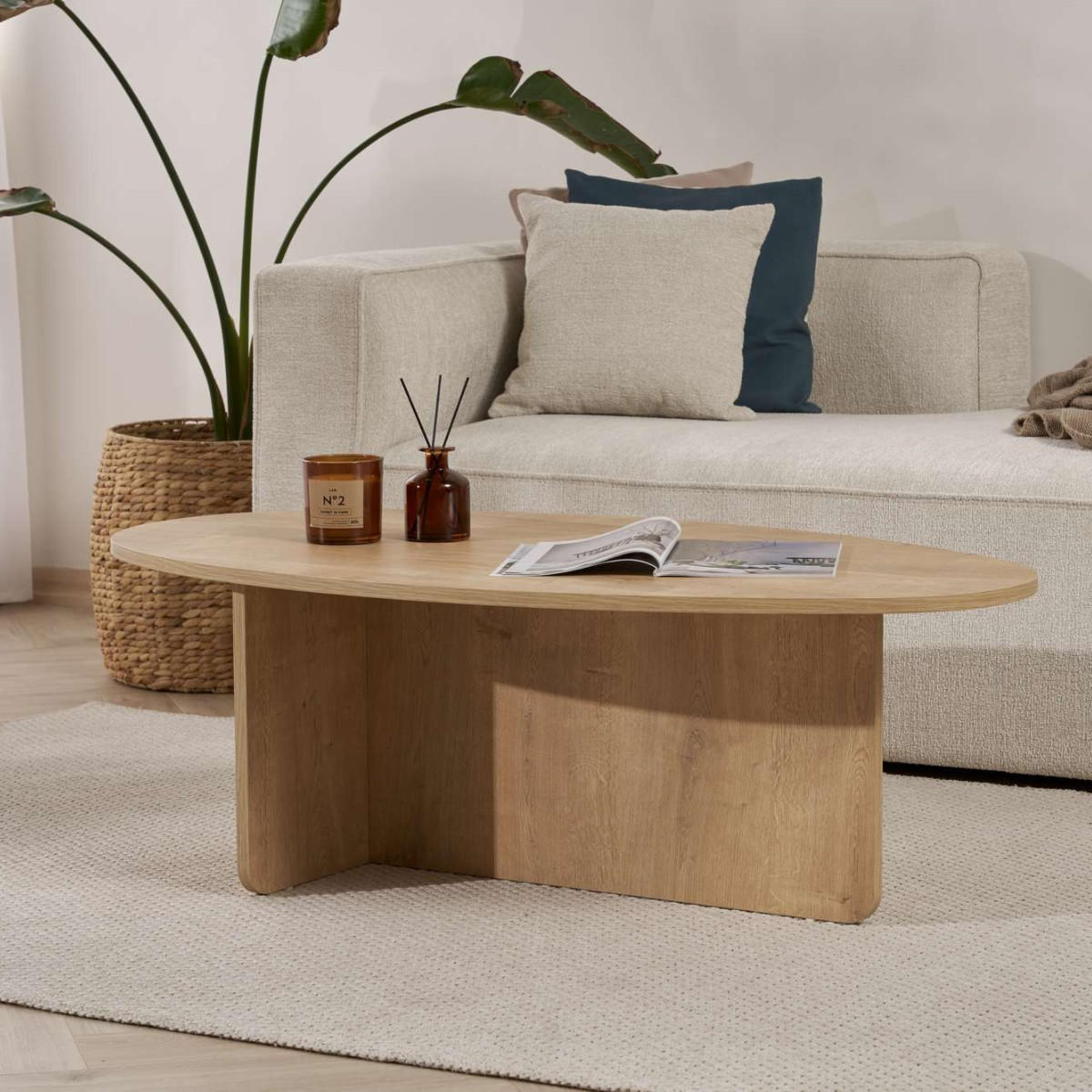 COUCHTISCH mit ovaler Platte L125 cm 65/120/40 cm - Eichefarben, Holzwerkstoff (70/65/40cm) - Calicosy