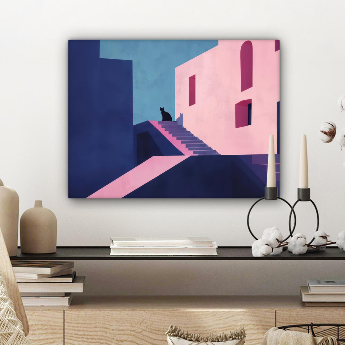 LEINWANDBILD Katze - Treppe - Gebäude - Schattenkontraste Wandbild 40x30 cm - Dunkelblau, Textil (40/30cm) - MuchoWow