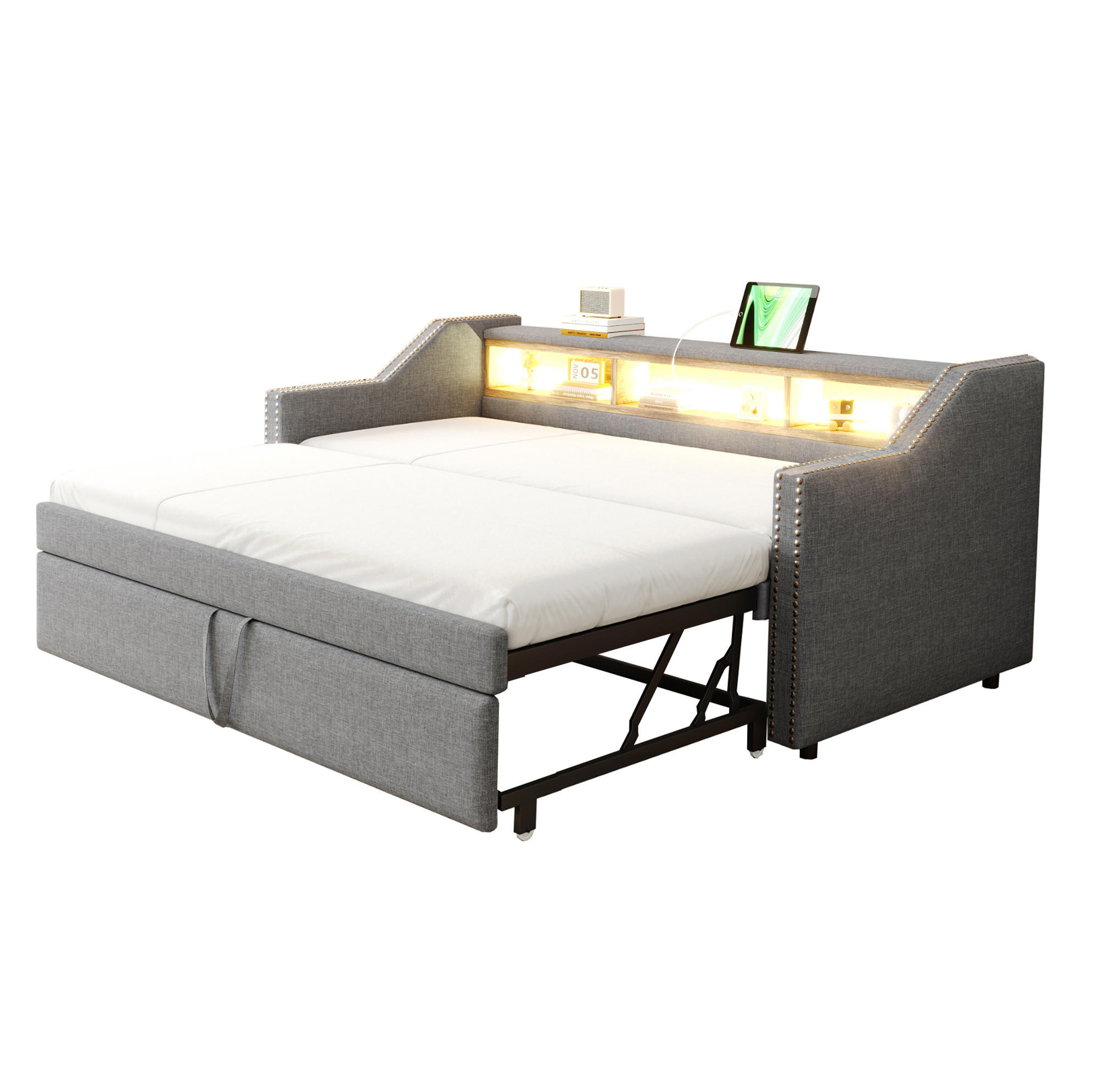 TAPECIRANI krevet od lana 90/180x190 cm svijetlosiva s izvlačnim ležajem, LED rasvjetom, USB priključkom i policama - svijetlo siva, tekstil (140/190cm) - Modfu