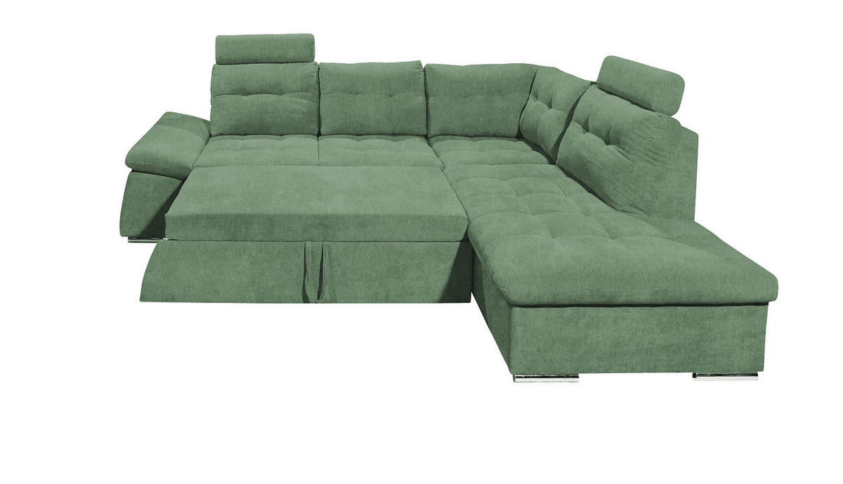 ECKSOFA mit Schlaffunktion, verstellbare Armlehne und Kopfstützen - Chromfarben/Grün, Textil (219/260cm) - ed exciting design