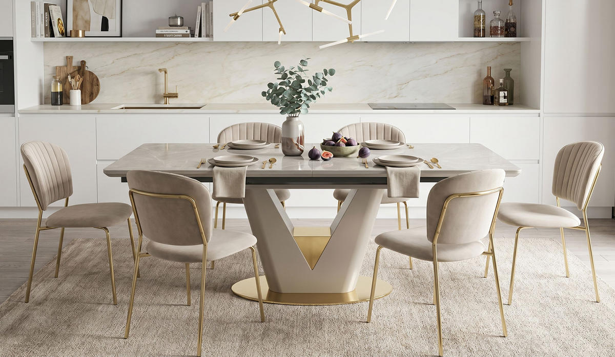 ESSTISCH Valenton grau Marmor / gold / Aschfarben 160-220 / 90 / 76cm - Goldfarben/Grau, Holz/Keramik (90/220/76cm) - Feldmann-Wohnen