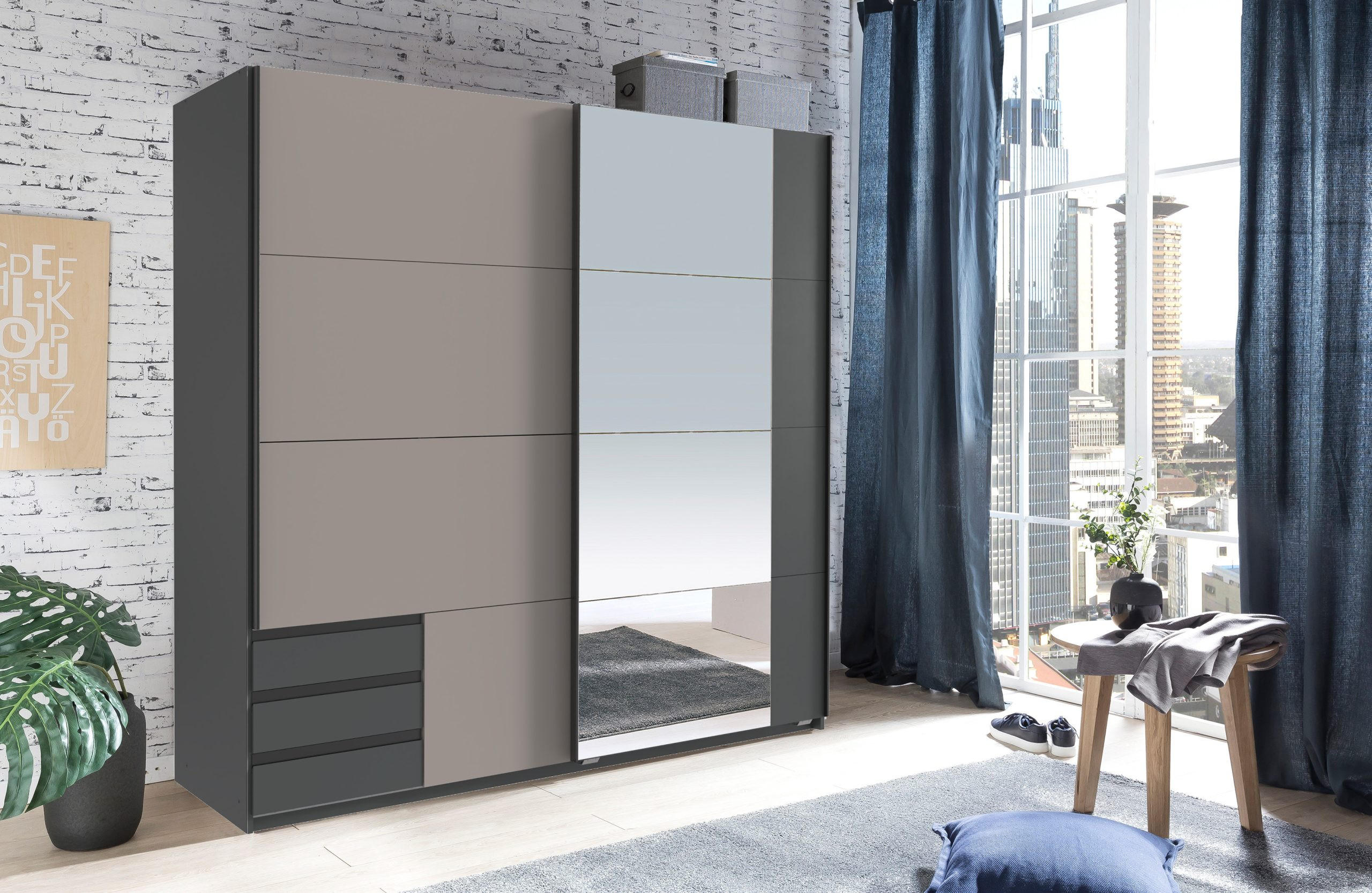 KLEIDERSCHRANK Emden in Graphit mit Saharagrau - Schwebetürenschrank Breite 179 cm mit Spiegel - Grau, Holzwerkstoff (179/198/65cm)