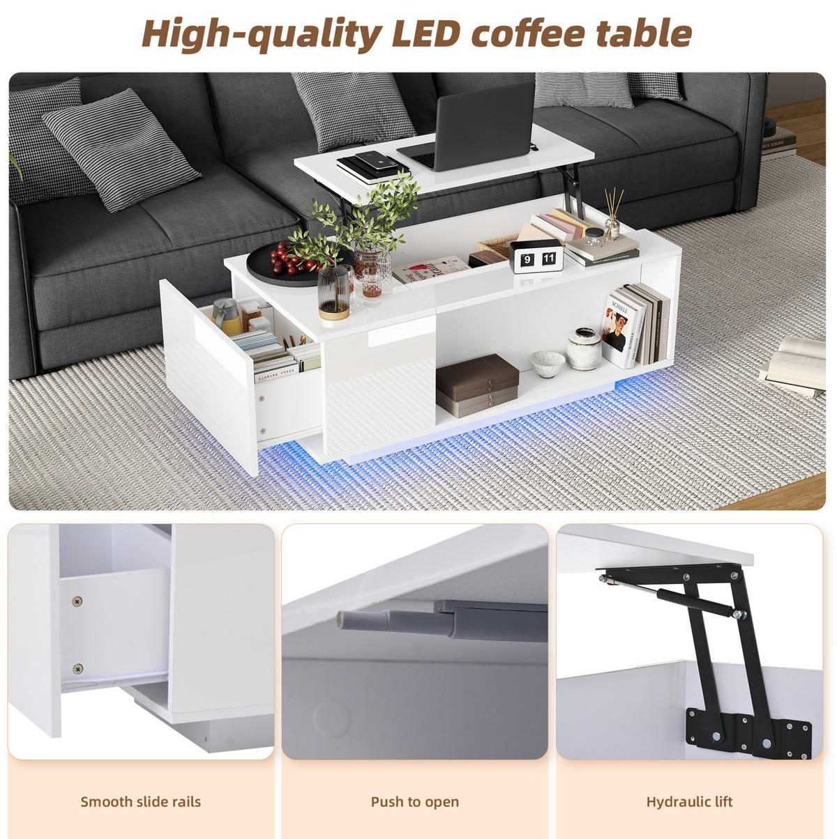 COUCHTISCH 100/50/40 cm weiß aus Spanplatte mit Höhenverstellung und LED - Weiß, Holzwerkstoff (100/50/40cm) - OKMYHOME