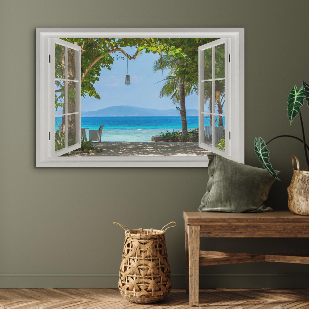 AKUSTIKBILD Aussicht - Baum - Meer - Palme - Hügel - Strand - Blau Wandbild Wohnzimmer 100x70 cm - Blau, Textil (100/70/0.9cm) - MuchoWow