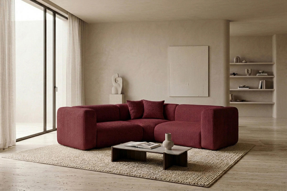 ECKSOFA Modulares, Corner mini, Chenille-Stoff Cremona, Rotwein, GRETA - Weinrot, Holz (380/190cm) - Kaiser Möbel