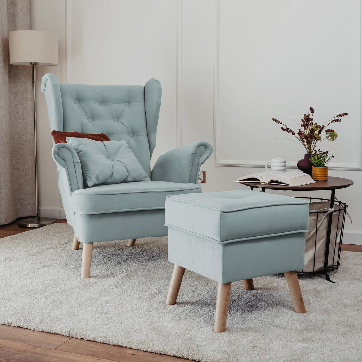 SESSEL mit Fußhocker Classic - Blau, Holz (92/107/80cm) - Idohome