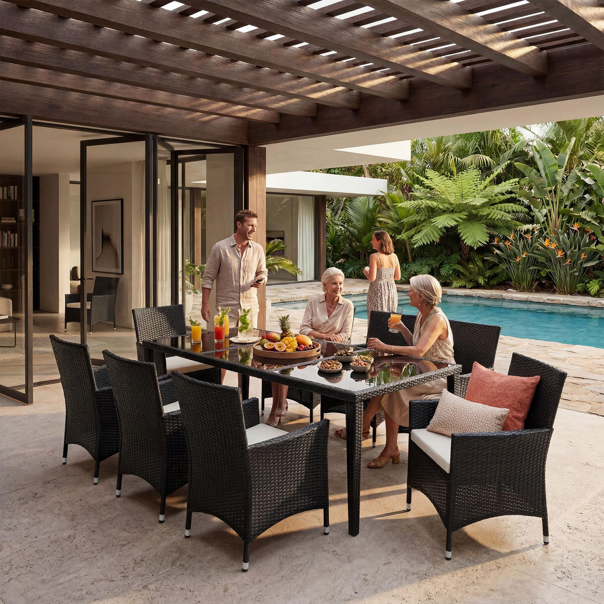 RATTAN-SITZGRUPPE aus Aluminium Menorca, inklusive Schutzhülle, schwarz - Schwarz, Kunststoff - tectake