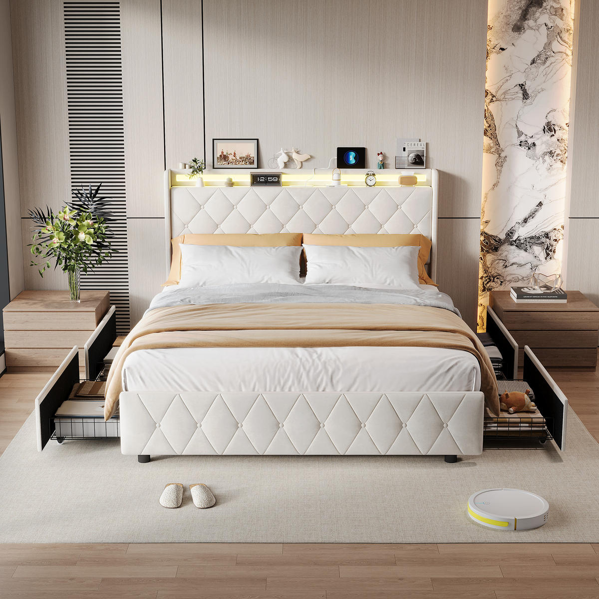 POLSTERBETT 160x200 cm mit 4 Schubladen, LED, USB & Type-C, Doppelbett Kopfteil und Lattenrost, Beige - Beige, Metall (160/200cm) - EuroLiving