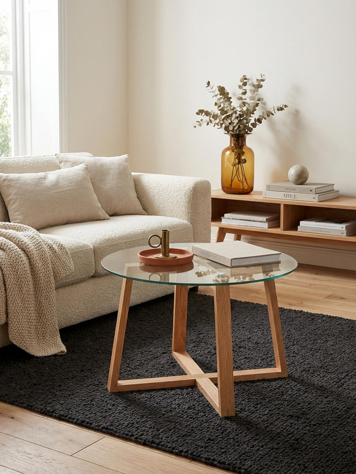 COUCHTISCH Eiche massiv mit Glasplatte, modernes Design, überkreuztes Gestell - Braun, Glas/Eichenholz (58/58/47cm) - KADIMA DESIGN