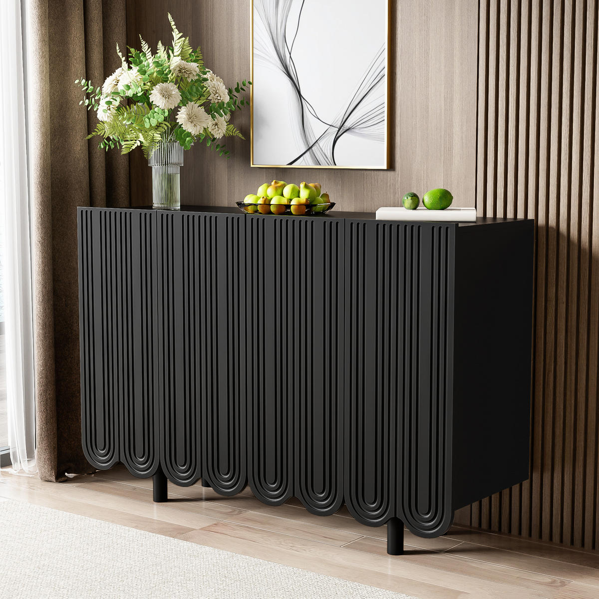 SIDEBOARD in Schwarz Tropfenförmiges Anrichte mit geformten Türen für Wohnzimmer und Esszimmer, B120/T37.5/H80.8 cm - Schwarz, Holzwerkstoff/Metall (120/80.8/37.5cm) - STILVORA