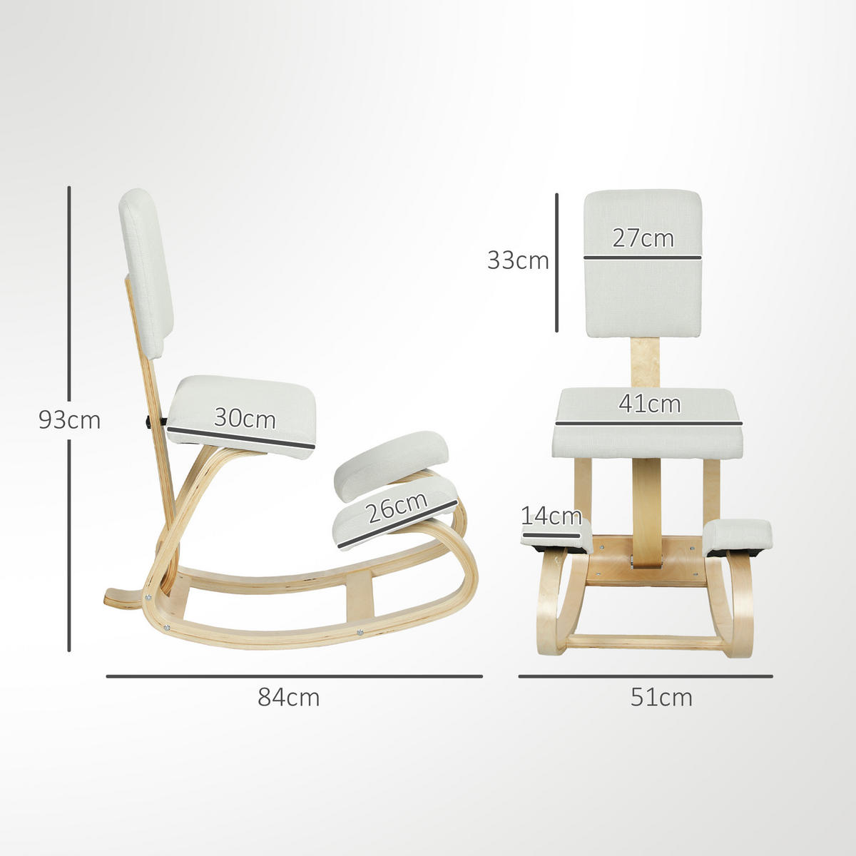 ERGONOMISCHER Kniestuhl, Kniehocker Gesundheitsstuhl für Zuhause, Büro Creme - Creme, Holz/Textil (51/93/84cm) - HOMCOM
