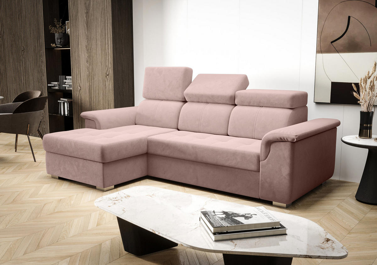 ECKSOFA KONGO RBN06, Eckcouch in L-Form mit Schlaffunktion, Farbe: Rosa, Velourstoff, Ottomane Links - Rosa, Textil (247/165cm) - O-Sofa