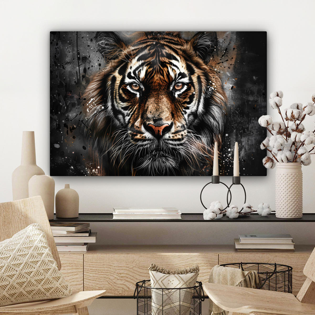 LEINWANDBILD Tiger - Tiere - Porträt - Luxus - Schwarz Gemälde 60x40 cm - Anthrazit, Textil (60/40cm) - MuchoWow