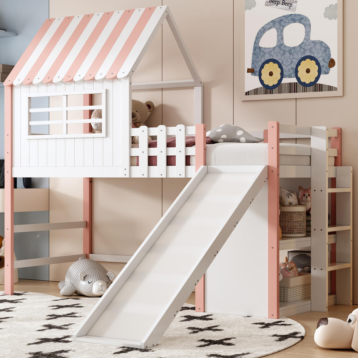 HOCHBETT 90/200 cm in Rosa – mit Rutsche, Leiter und Stauraum - Rosa, Holz (90/200cm) - BEAOK
