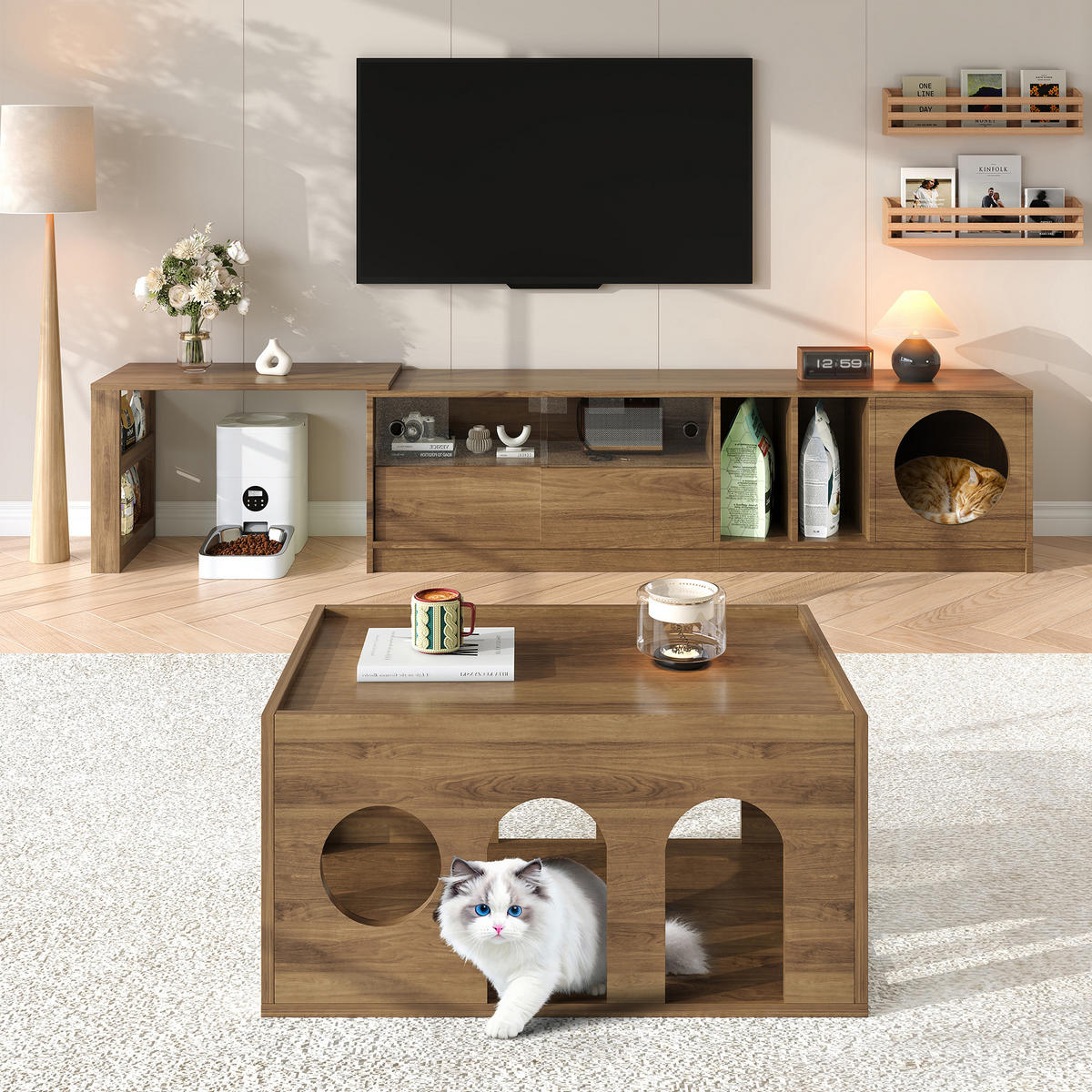 TV-ELEMENT mit Couchtisch - Kombination 2er-Set mit Katzenkorb Nussbaum - Nussbaumfarben, Holzwerkstoff (180/50/40cm) - OKWISH