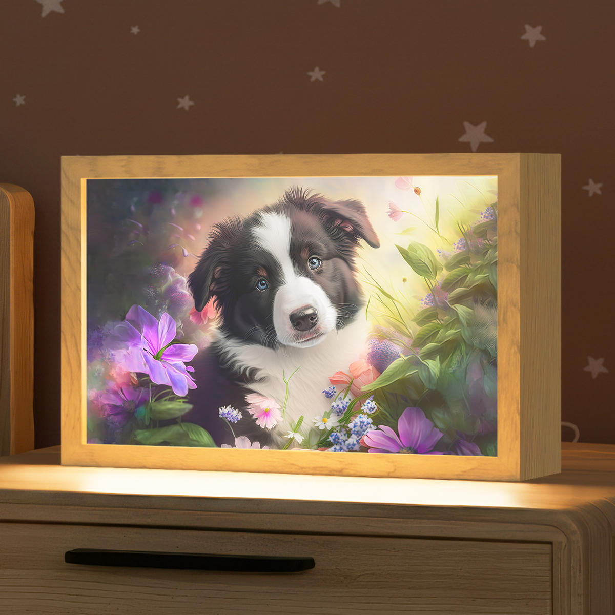 NACHTTISCHLAMPE Welpe - Sonne - Blumen - Natur - Border Collie - Hund 30x20 cm - Violett, Holzwerkstoff (8/30/20cm)