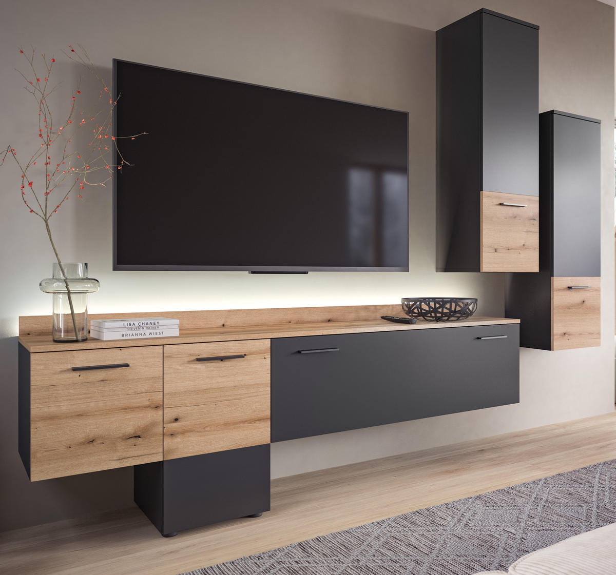 WOHNWAND 3-teilig grau, Evoke Eiche 247 cm, Schrankwand mit Soft-Close - Eichefarben/Schwarz, Holzwerkstoff/Kunststoff (247/196/37cm) - Inn.Furn