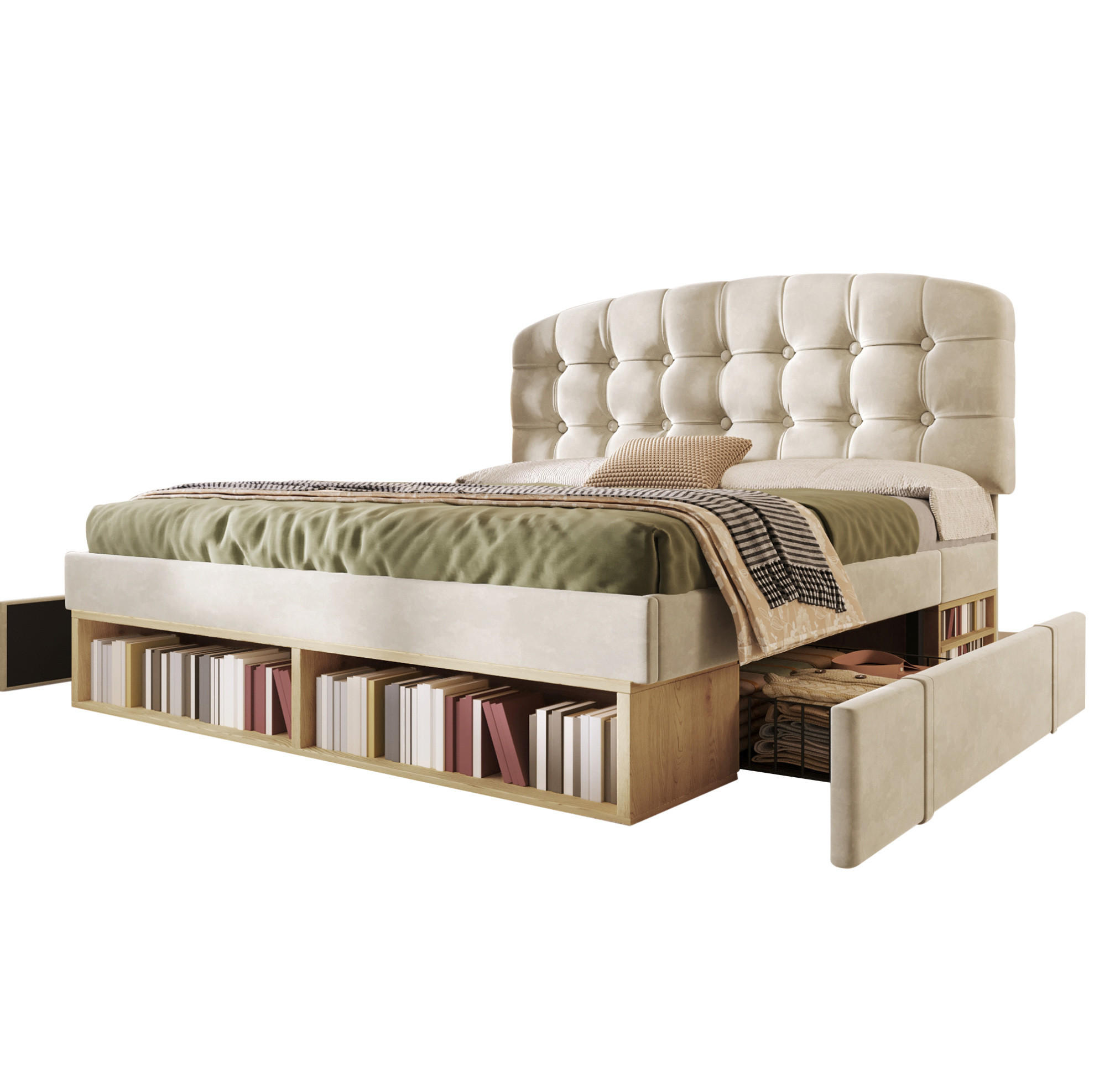 BETT mit Schubladen 140x190 cm Samt Beige - Beige, Metall (140/190cm) - Meubliv