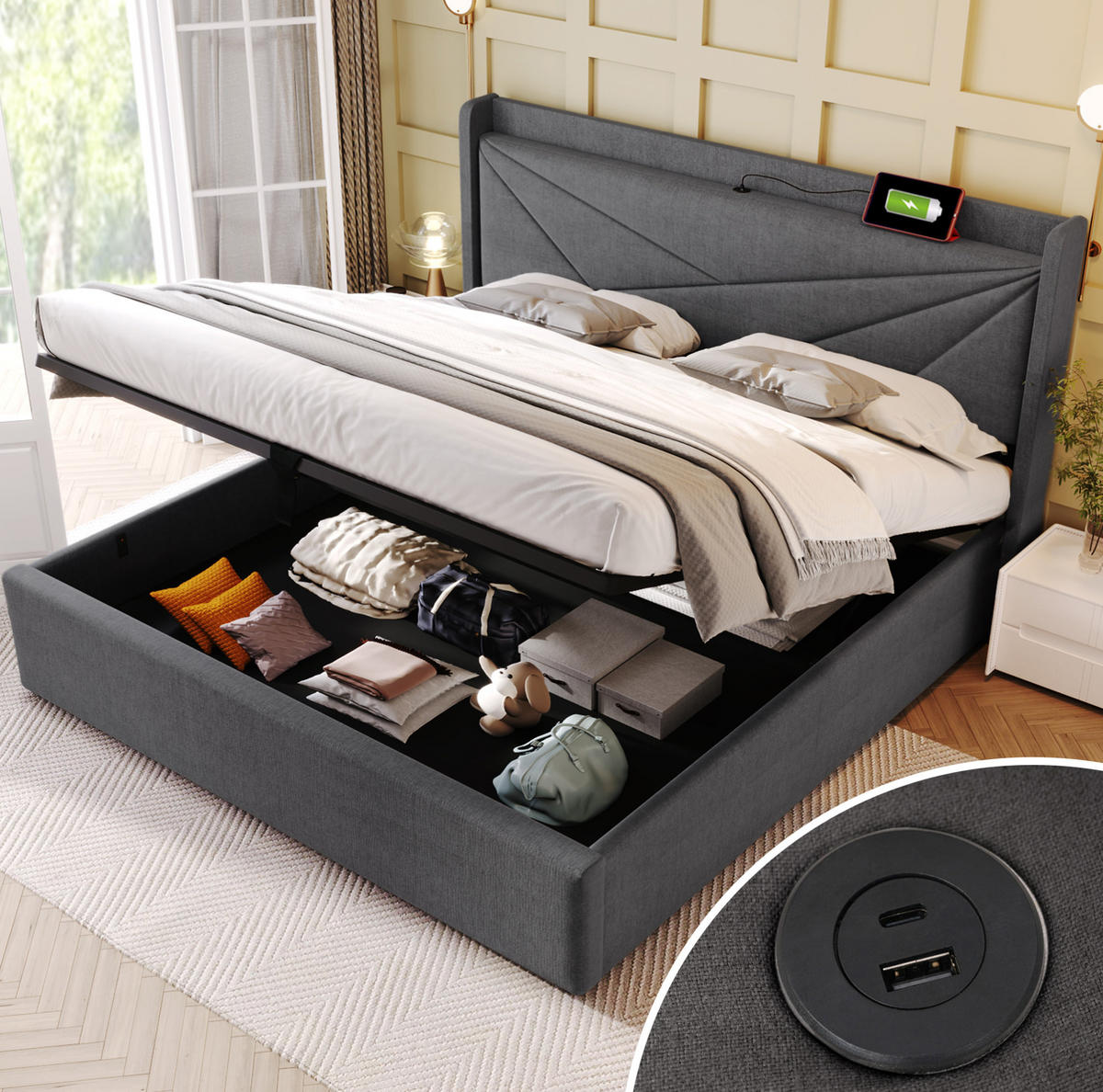 POLSTERBETT 160/200 cm Grau aus Baumwolle und Leinen mit Bettkasten und USB Typ-C - Grau, Textil (160/200cm) - OKMYHOME