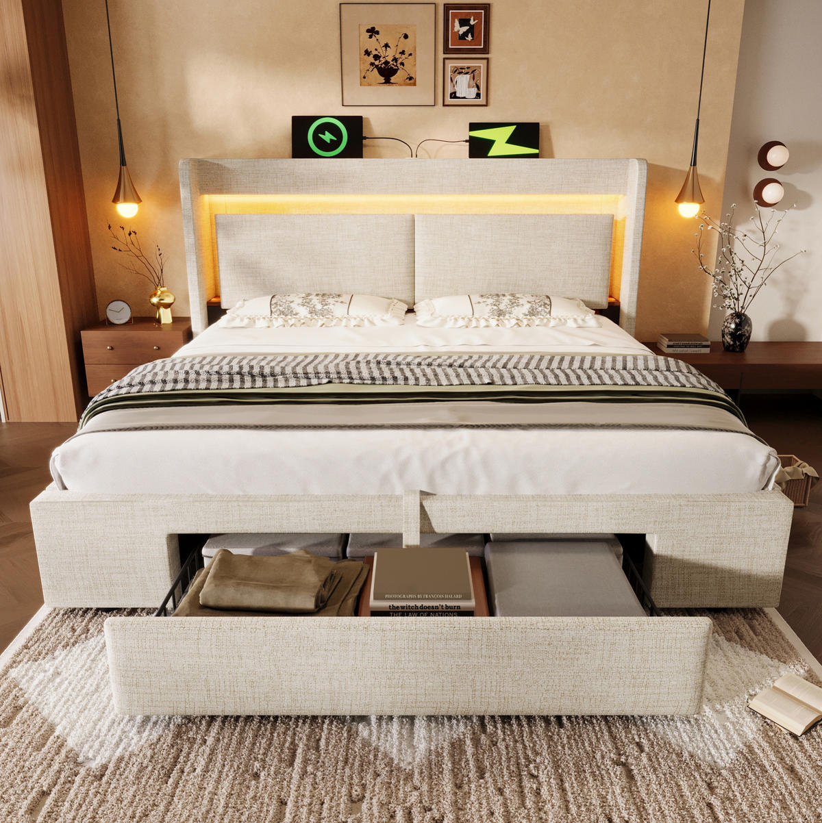 ČALOUNĚNÁ postel 160x200 cm béžová z lnu s matrací, LED osvětlením, USB a úložným prostorem - béžová, textil (160/200cm) - OKWISH
