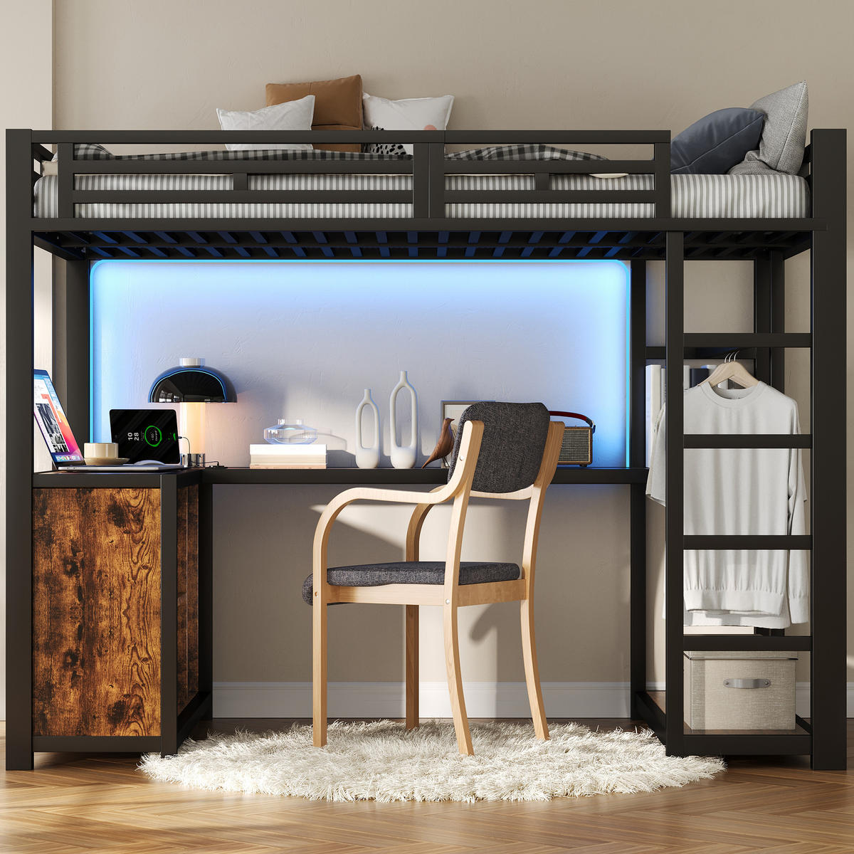 HOCHBETT 140/200 cm in Schwarz mit LED, USB, Schreibtisch und Stauraum - Schwarz, Holzwerkstoff/Metall (140/200cm) - STILVORA