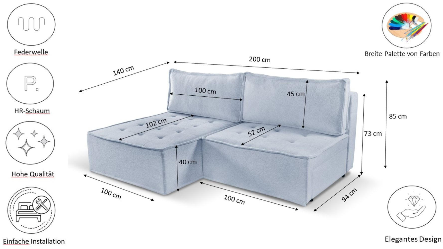 ECKSOFA Bohoo Mini Modernes Mit Schlaffunktion Hellgrau Rechts - Hellgrau, Holz (200/140cm) - Kaiser Möbel