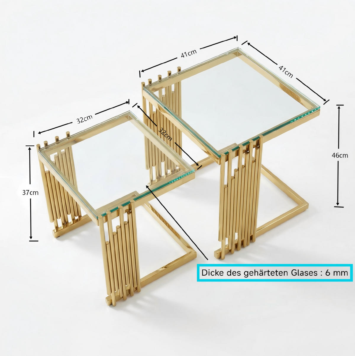 BEISTELLTISCH 2er-Set quadratisch Glas Goldfarben - Klar, Glas (41/41/46cm) - Meubliv