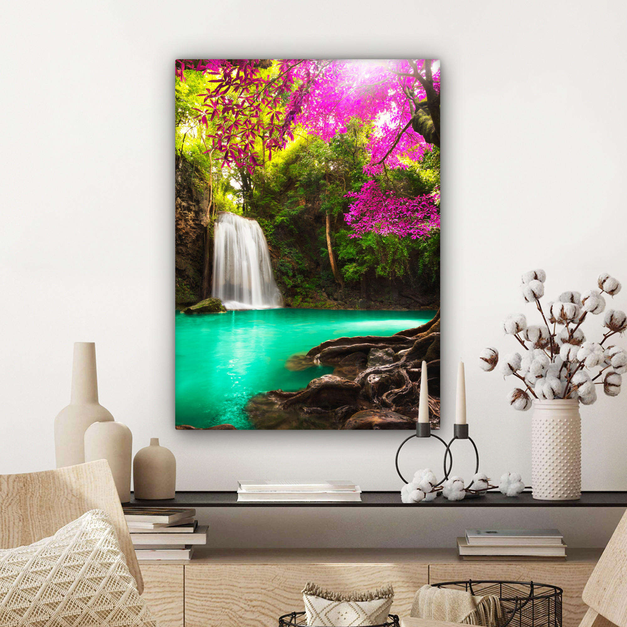 LEINWANDBILD Wasserfall mit bunten Blumen und Bäumen - Natur - Dschungel 60x80 cm - Waldgrün, Textil (60/80cm) - MuchoWow