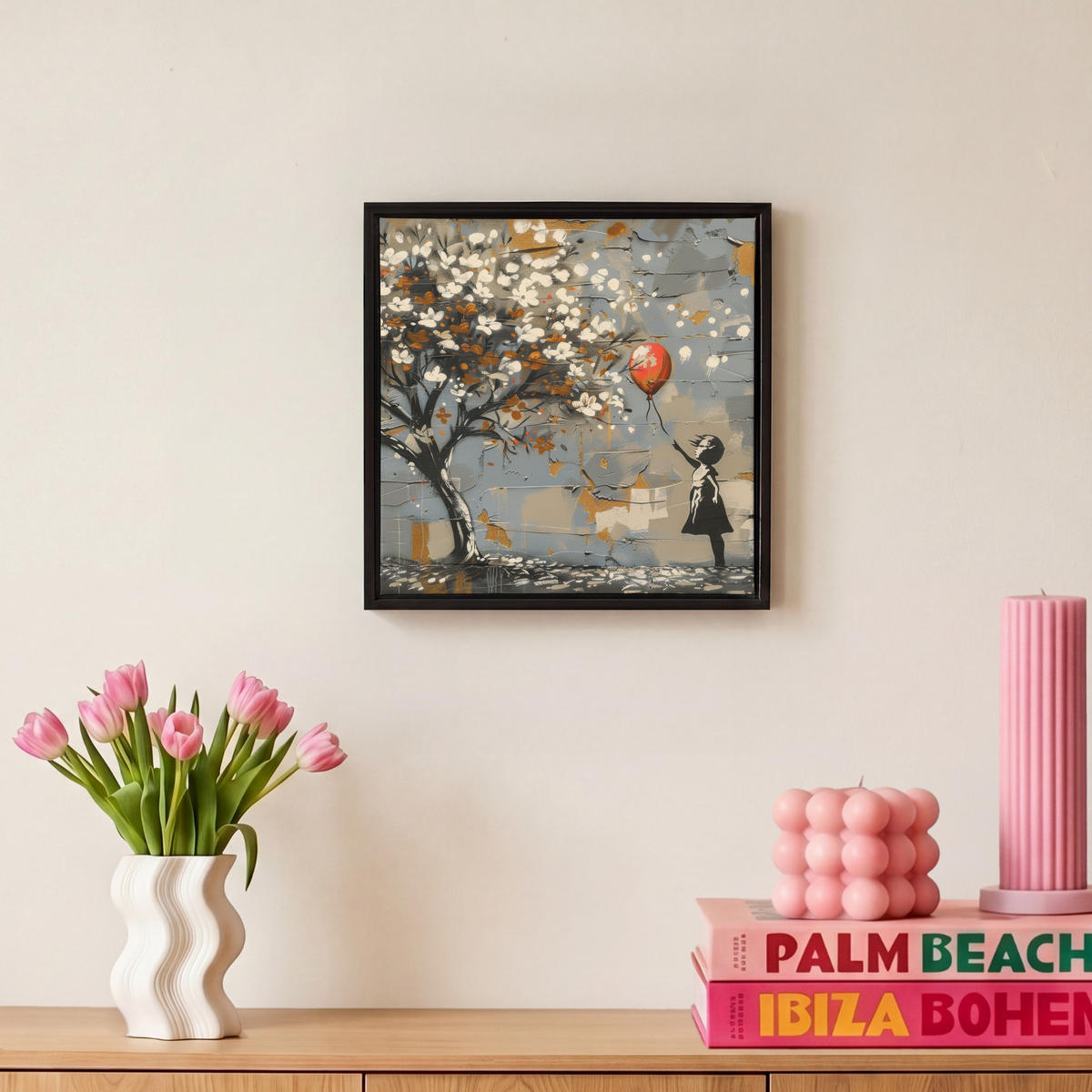 LEINWAND Bilder mit Rahmen - Baum - Graffiti - Banksy-Stil - Ballon-Mädchen - 20x20 - Blaugrau, Textil (20/20cm) - MuchoWow