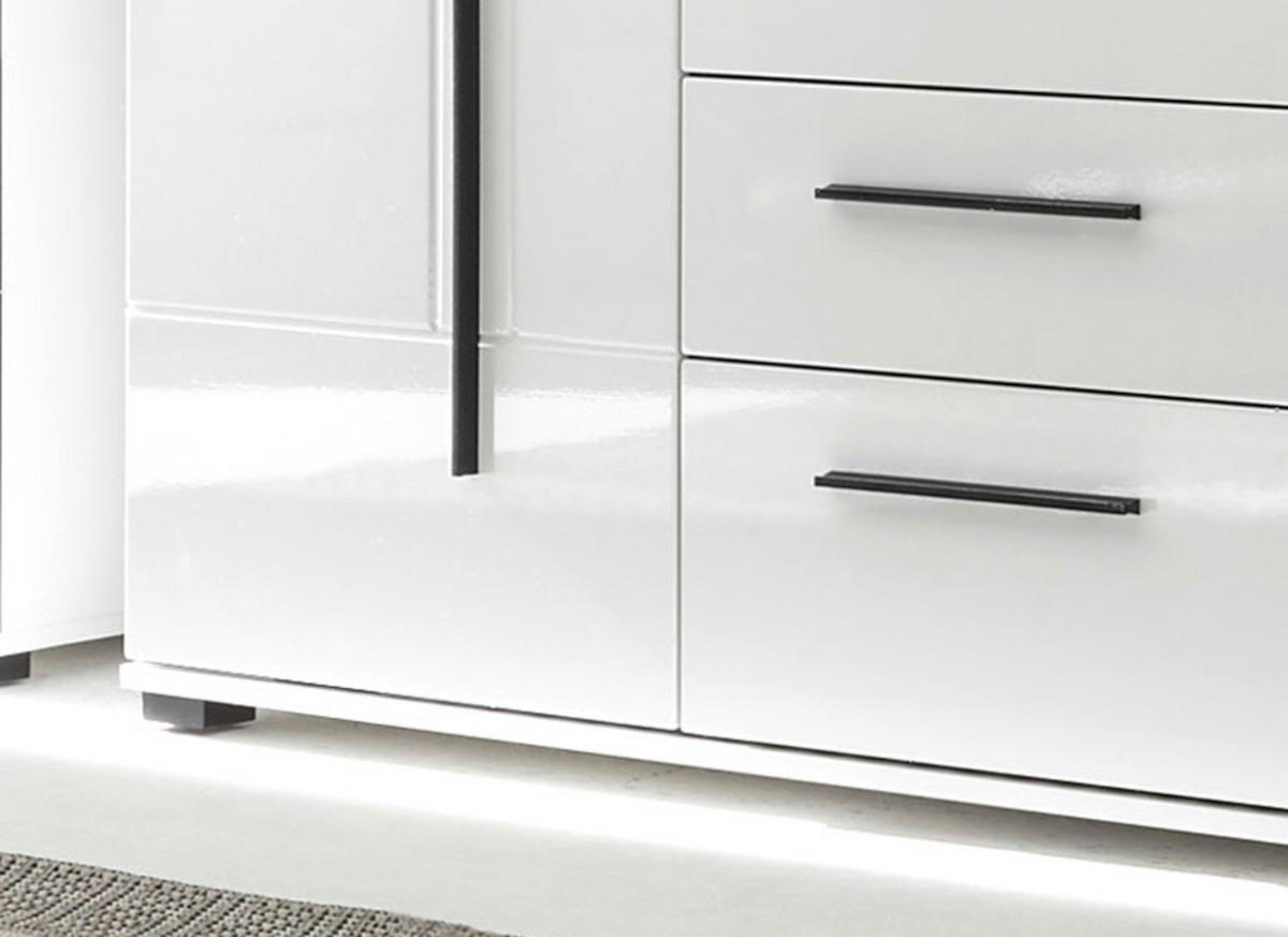 HIGHBOARD weiß Hochglanz 160 cm, Vitrine mit 11 Fächern, Soft-Close - Weiß Hochglanz/Schwarz, Glas/Holzwerkstoff (160/126/42cm) - Furn.Design