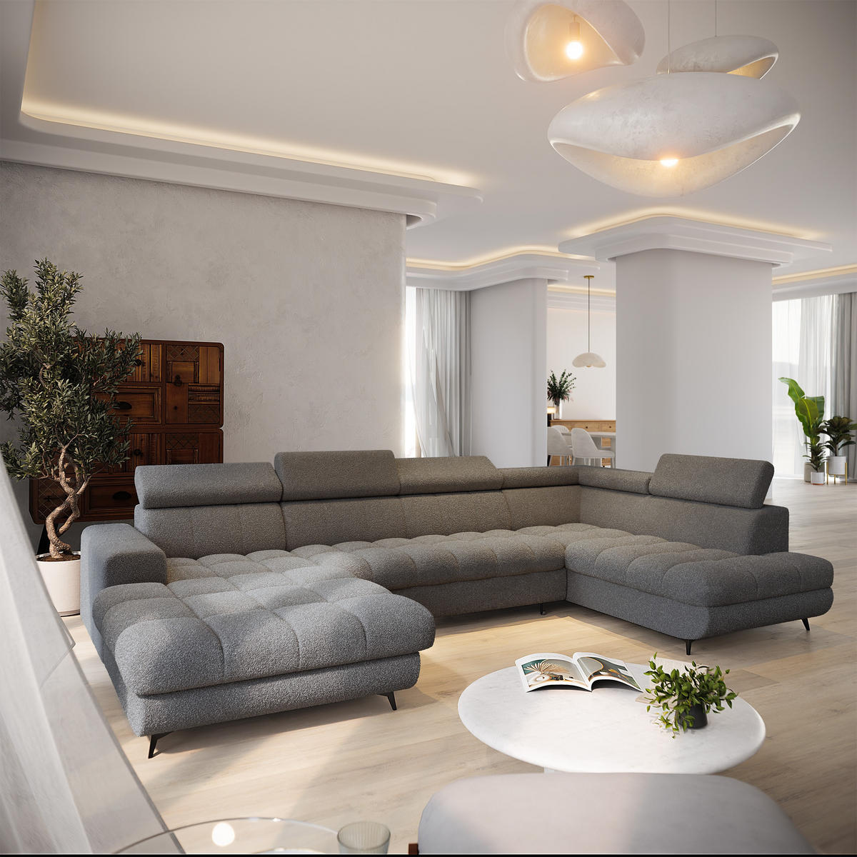 WOHNLANDSCHAFT CORENO Grau Boucle-Stoff mit Schlaffunktion - Grau, Holz (345/88/190cm) - MASSENO