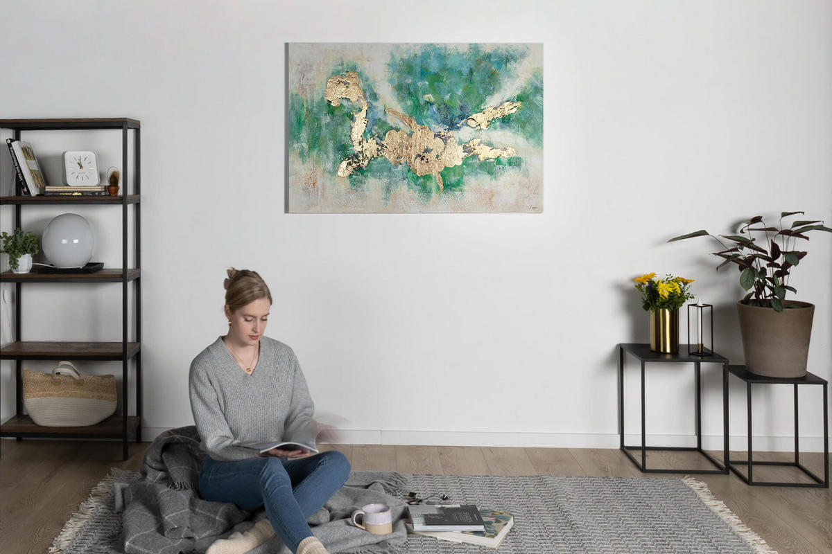 ÖLGEMÄLDE 120/80 cm - Türkis/Goldfarben, Holz/Textil (120/80cm) - KUNSTLOFT