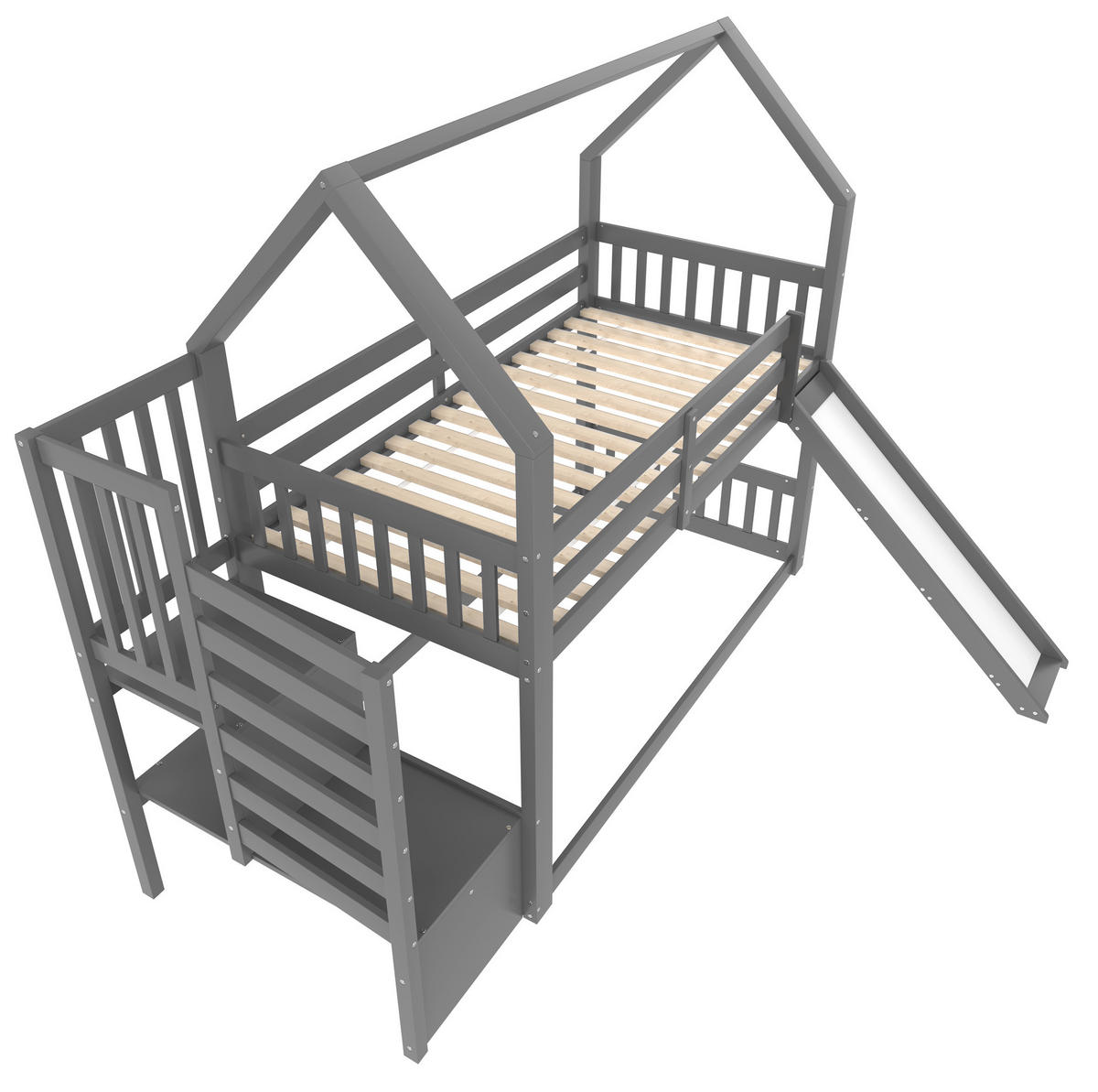 ETAGENBETT 90/200 cm mit Stauraumtreppe, Rutsche und Geländer aus Kiefernholz und MDF, Grau - Grau, Holz (90/200cm) - Redom