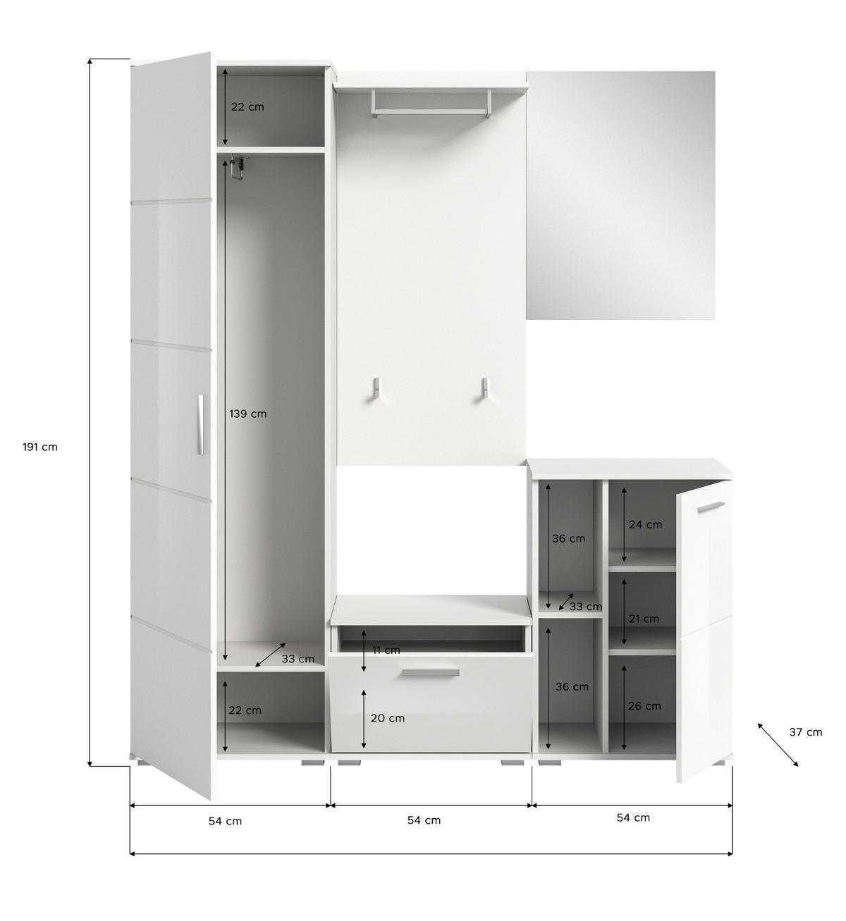 GARDEROBE SET 5-teilig weiß Hochglanz 165 cm, Kombination mit viel Stauraum - Weiß Hochglanz/Silberfarben, Glas/Holzwerkstoff (165/191/37cm) - Inn.Furn