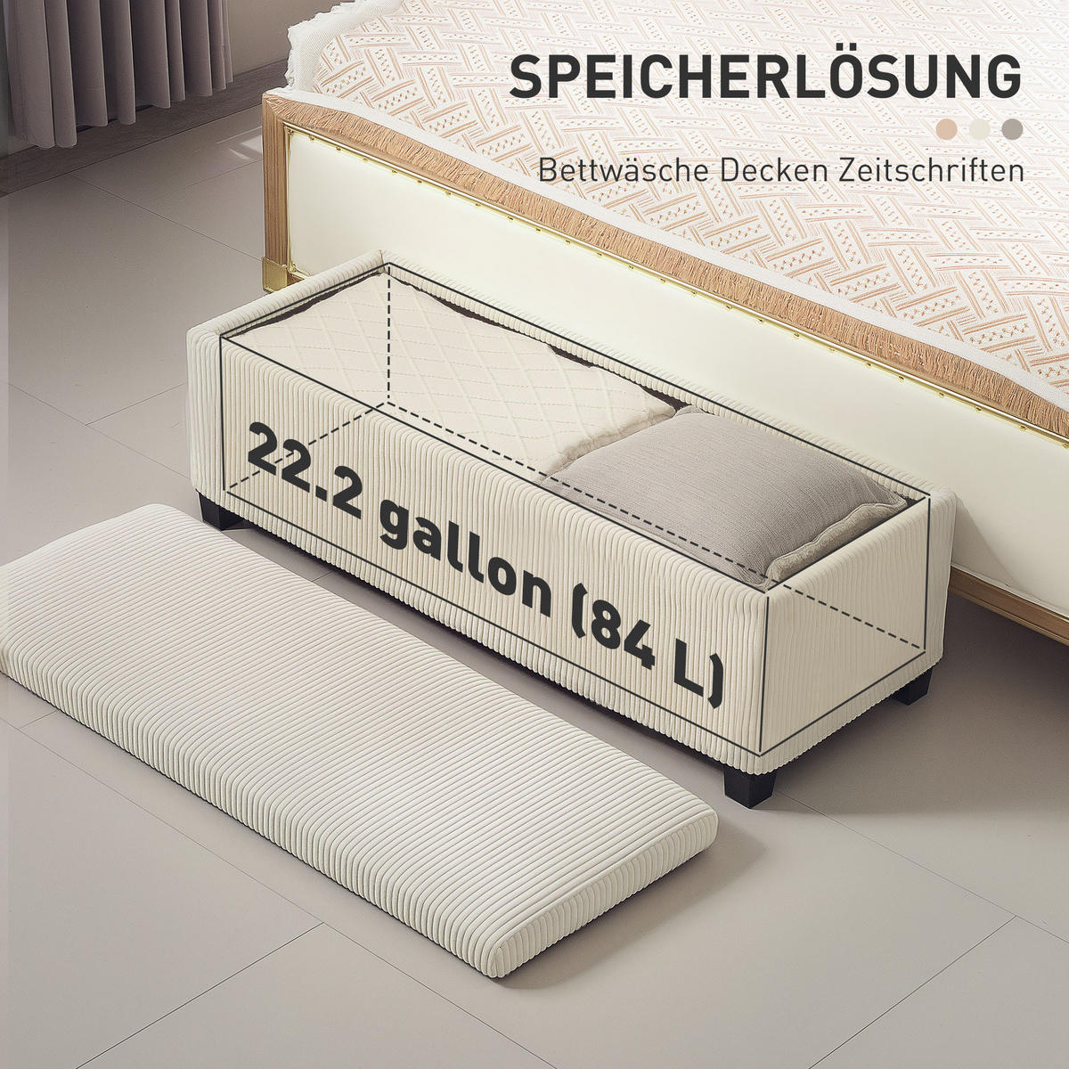 SITZBANK mit Stauraum Polsterbank mit Cord-Optik, Stahlbeine, Beige - Beige, Metall (42/40/112cm) - HOMCOM