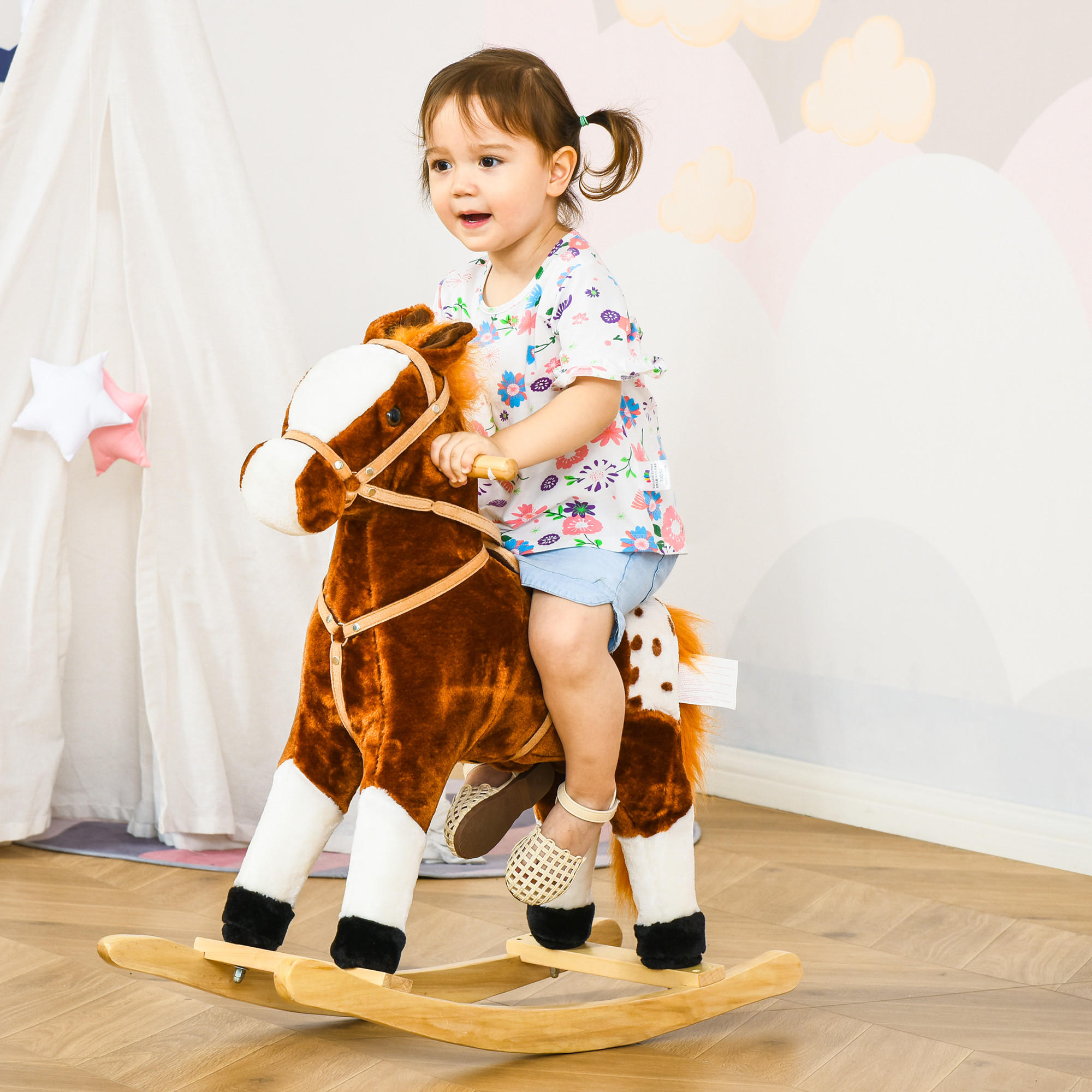 KINDER SCHAUKELTIER, Braun/Rosa, Plüsch+ Pappel - Braun, Holz (28/65/74cm) - HOMCOM