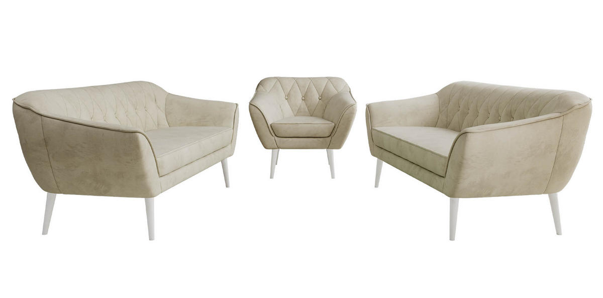 SITZGARNITUR PIRS 3+3+1 - Beige Velvet - Weiße Beine - Beige/Weiß, Holzwerkstoff/Textil (180/75/74cm) - MKS