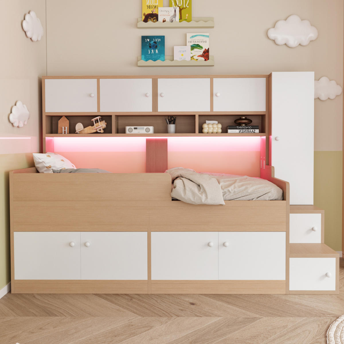 KINDEREINZELBETTEN aus MDF 90x200 cm in Naturholz mit LED-Beleuchtung & Stauraum - Naturfarben, Holzwerkstoff (90/200cm) - Modfu