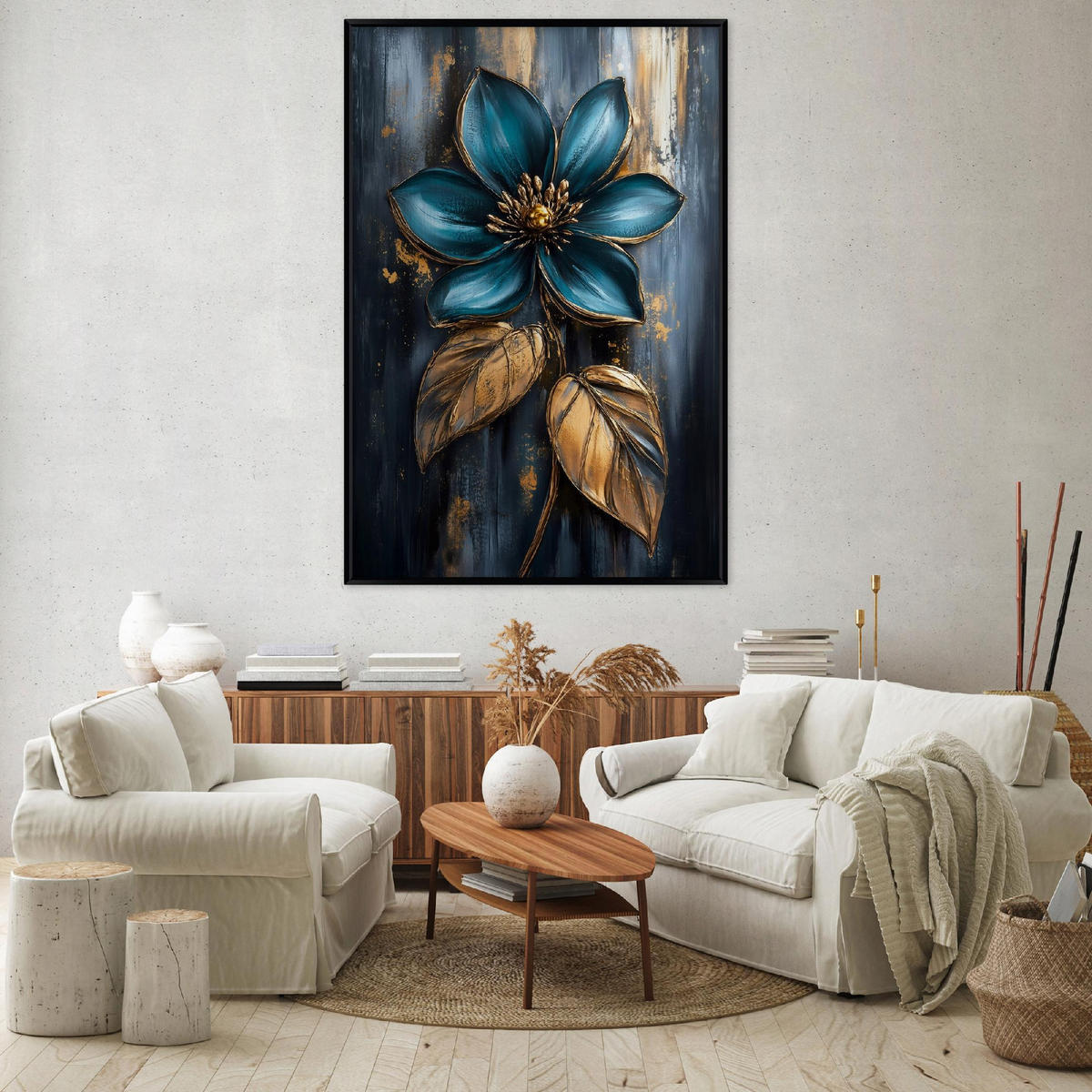 BILDER mit Rahmen Blumen Abstrakt Blau 100x150 cm - Multicolor, Metall (100/150cm) - Wallarena