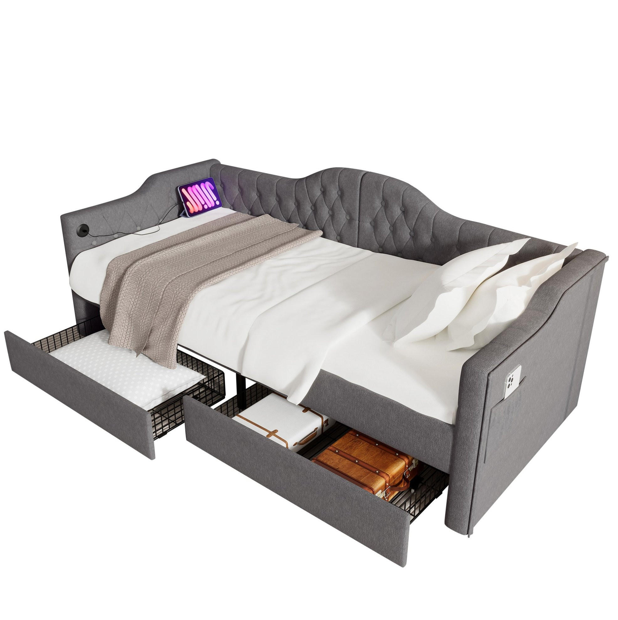 POLSTERBETT 90/200 cm mit 2 Schubladen, USB/Type-C & getufteter Lehne, Grau - Grau, Textil (90/200cm) - Redom