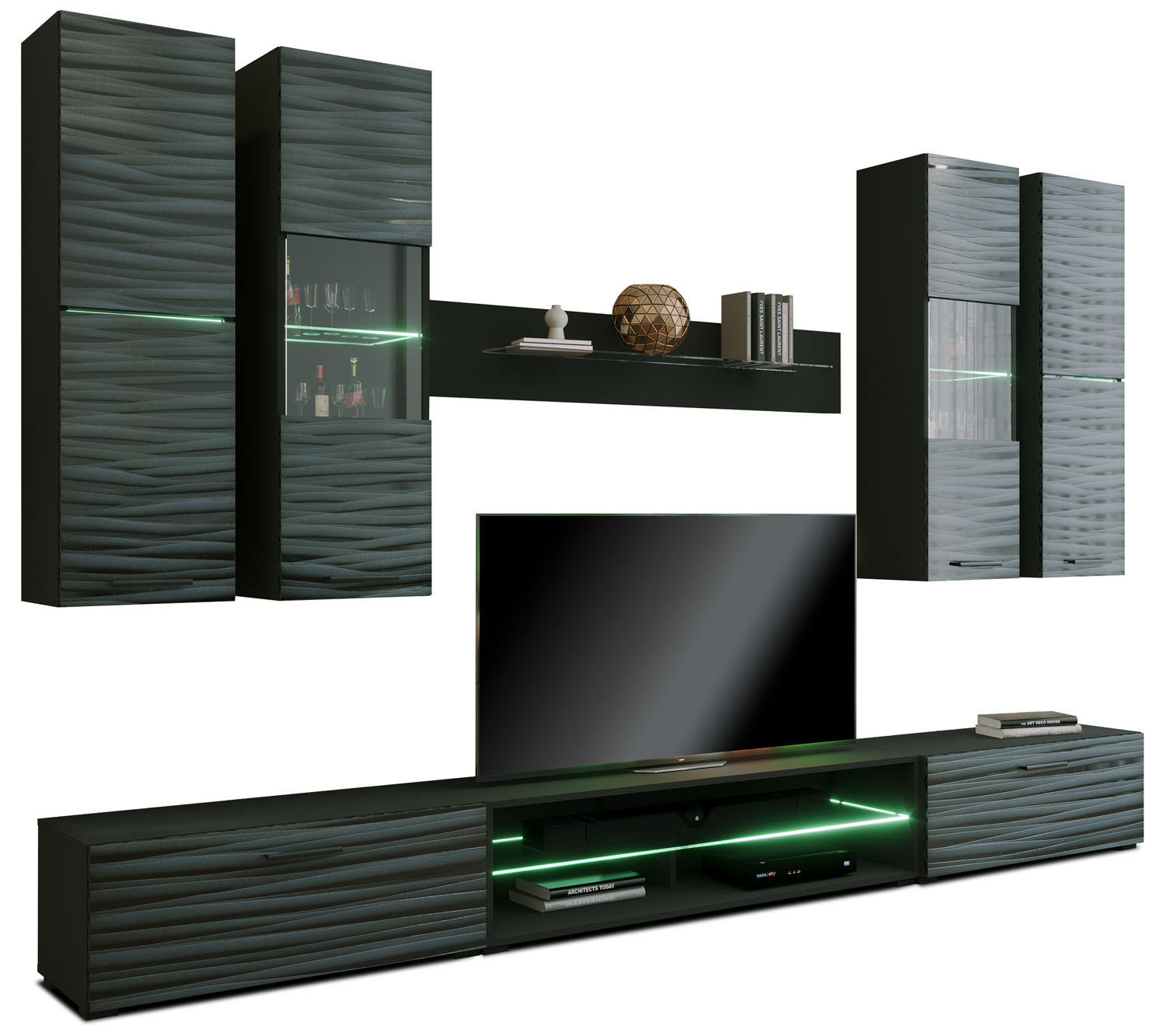 WOHNWAND Parla schwarz matt / Sahara Hochglanz 3D Dekor 8-teilig - Schwarz Hochglanz/Schwarz, Holz/Holzwerkstoff (280/195/43cm) - Feldmann-Wohnen